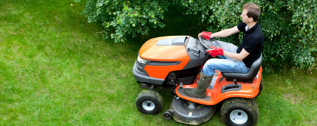 man riding orange zero turn lawn mower around bushes