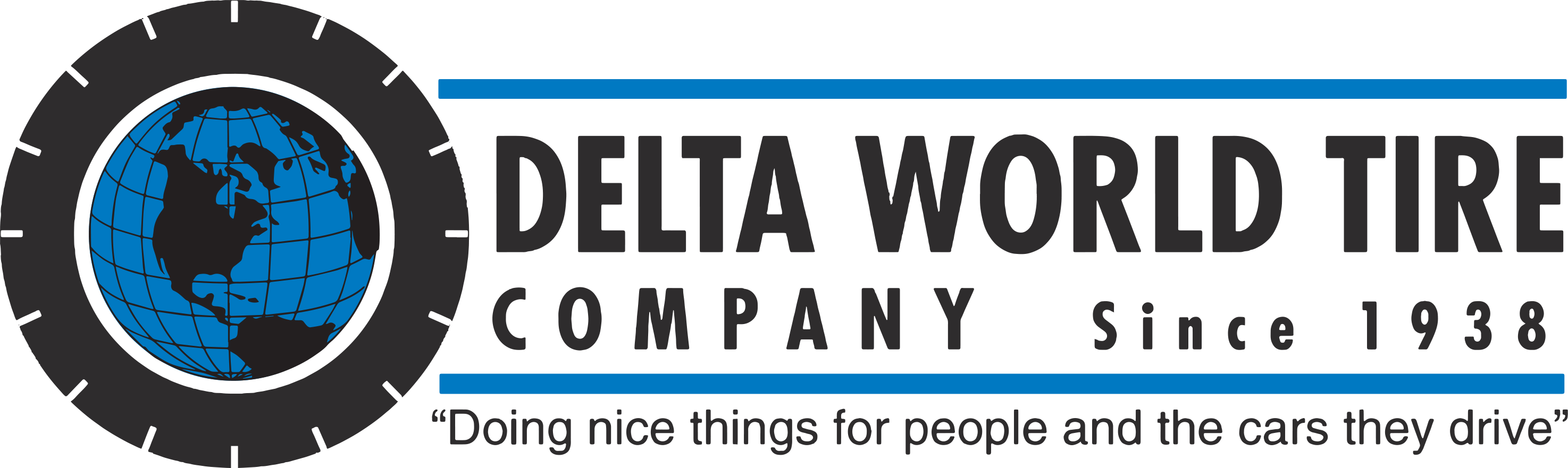 A blue globe encircled by a black tire outline on the left, with the words "DELTA WORLD TIRE COMPANY" in black text to the right, and "Since 1938" in smaller text. There is a blue horizontal line above and below the company name and the slogan "Doing nice things for people and the cars they drive" at the bottom.