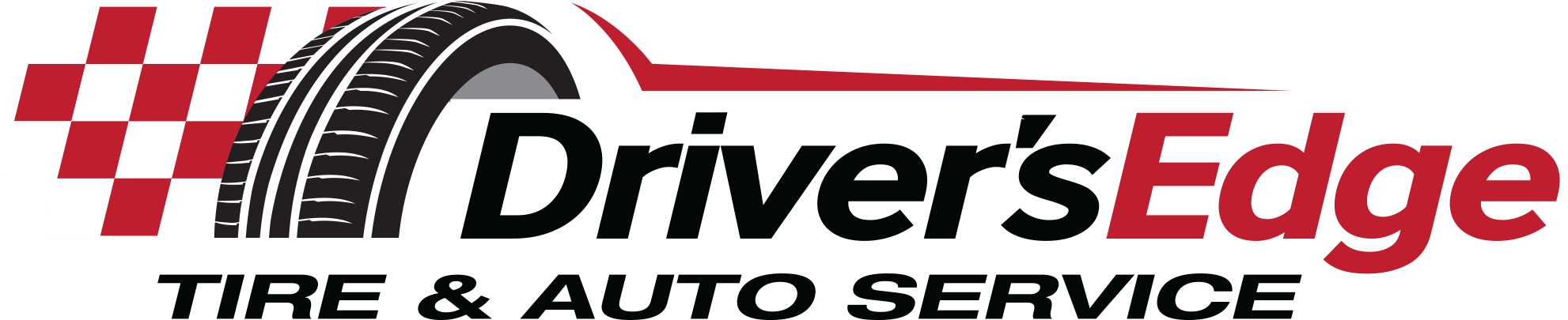 A checkered red and white flag pattern on the left, transitioning into a stylized black and gray tire, with the words "Driver's Edge" in bold black and red text to the right, followed by "TIRE & AUTO SERVICE" in smaller black text below.